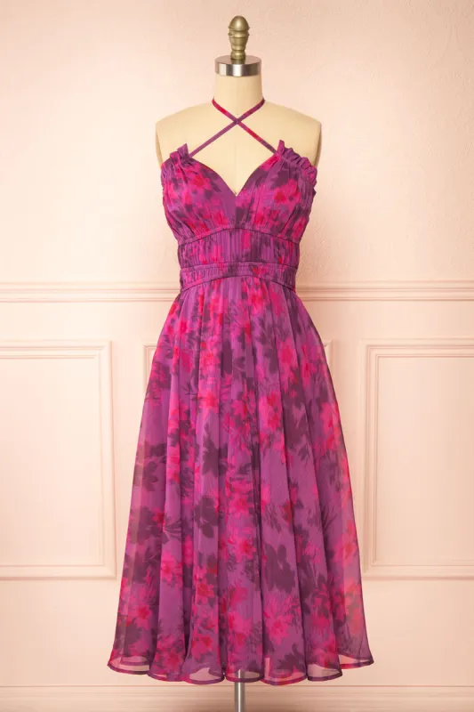 Jillian | Purple Floral Midi Dress sold by Boutique 1861