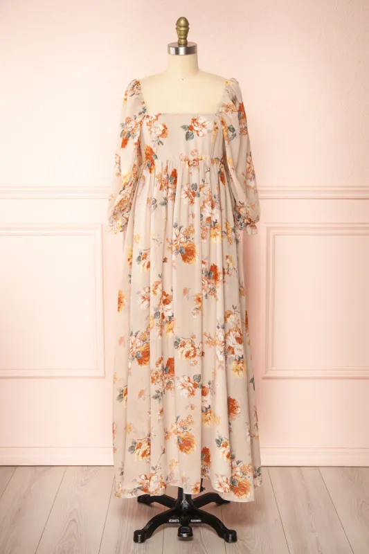Merav | Taupe Empire Waist Floral Maxi Dress sold by Boutique 1861