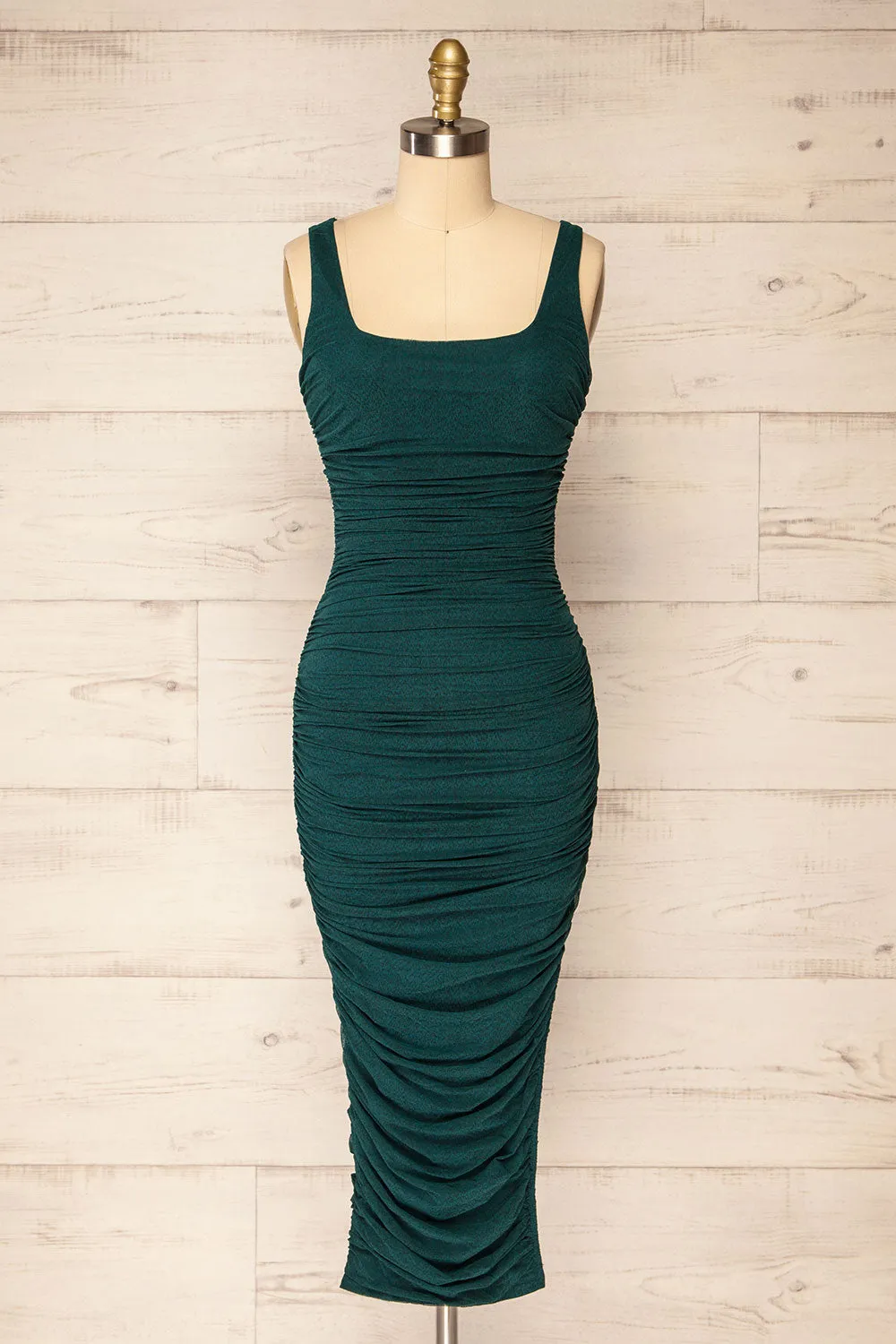 Fecho Green | Fitted Ruched Midi Dress sold by Boutique 1861