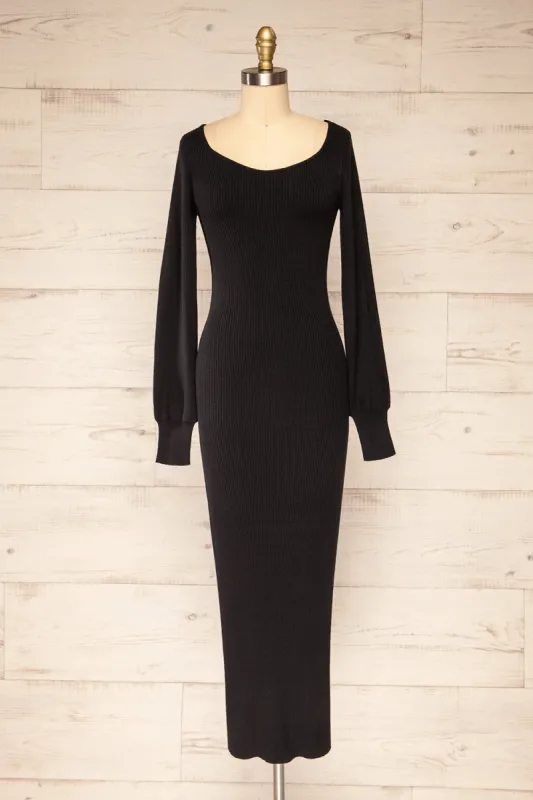 Lilongwe | Black Ribbed Midi Dress w/ Long Sleeves sold by Boutique 1861