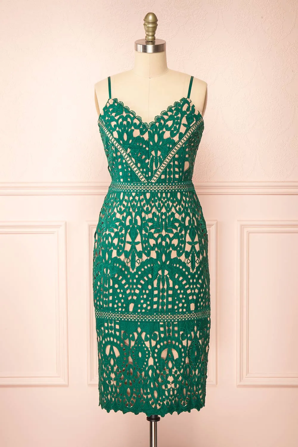 Indira | Fitted Midi Green Crocheted Lace Dress sold by Boutique 1861