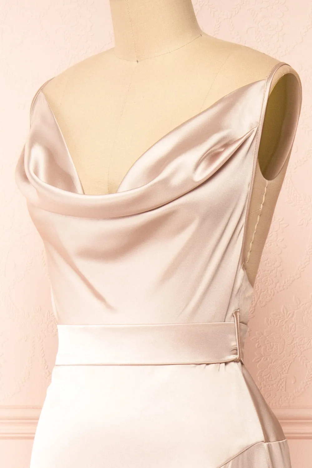 Celestielle | Champagne Cowl Neck Satin Maxi Dress sold by Boutique 1861 product image thumbnail 4