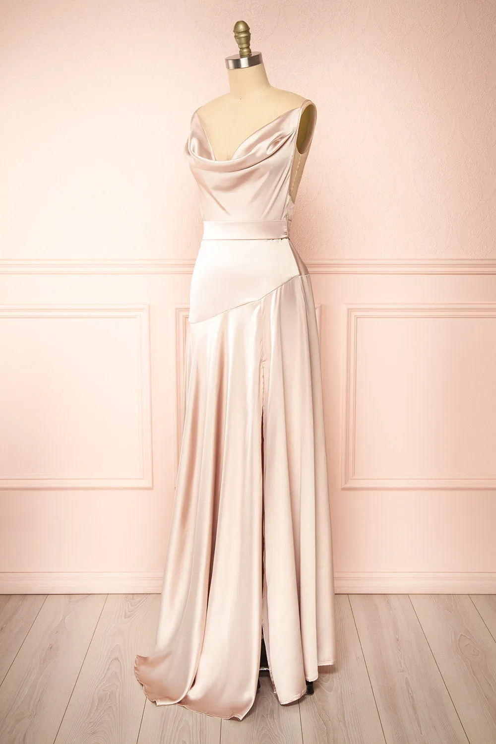 Celestielle | Champagne Cowl Neck Satin Maxi Dress sold by Boutique 1861 product image thumbnail 3
