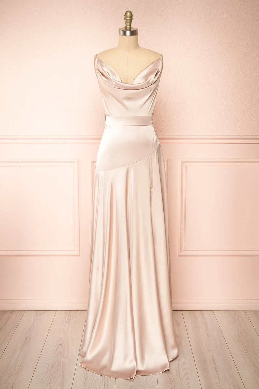 Celestielle | Champagne Cowl Neck Satin Maxi Dress sold by Boutique 1861