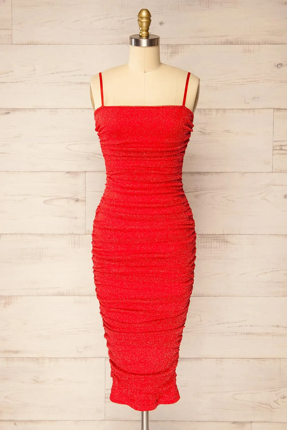 Baku Red | Fitted Ruched Sparkly Midi Dress sold by Boutique 1861