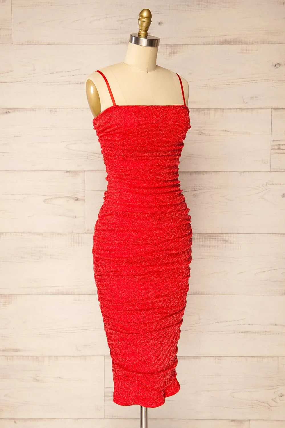 Baku Red | Fitted Ruched Sparkly Midi Dress sold by Boutique 1861 product image thumbnail 3