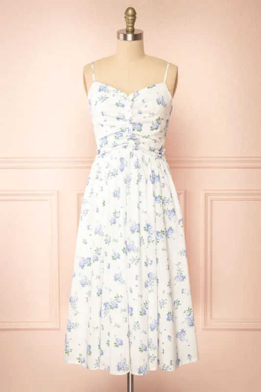 Sayonelle | Short White A-line Dress w/ Blue Floral Motif sold by Boutique 1861
