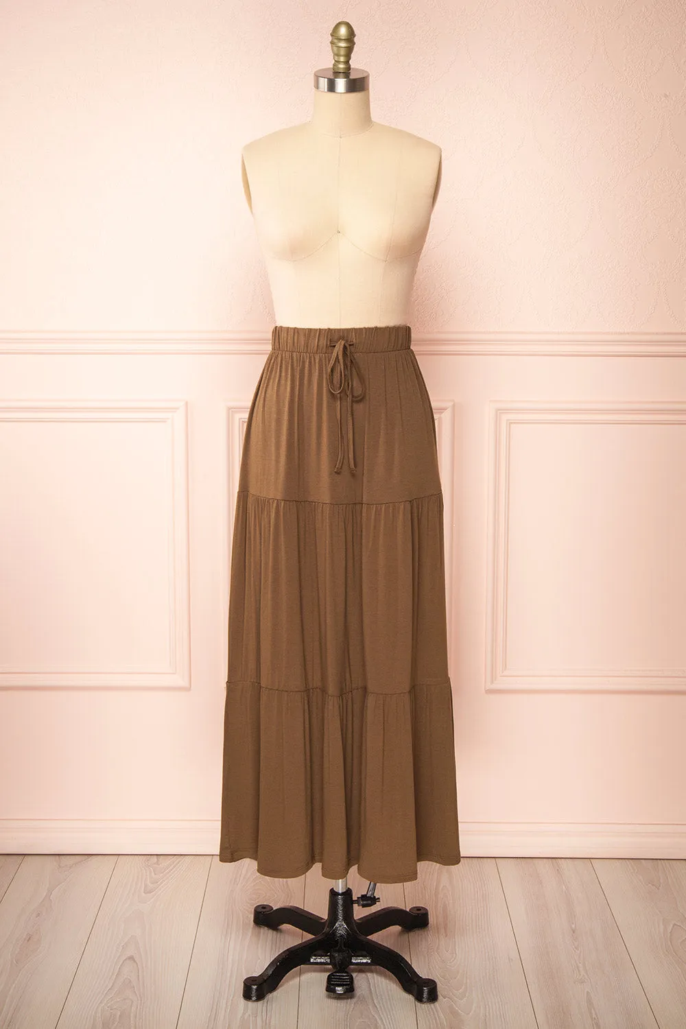 Cupido Khaki | Tiered Midi Skirt sold by Boutique 1861