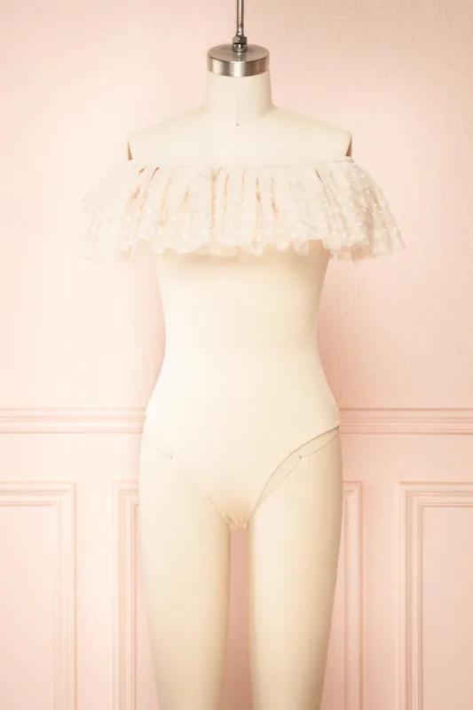 Marinel | Beige Ribbed Bodysuit w/ Dotted Tulle sold by Boutique 1861