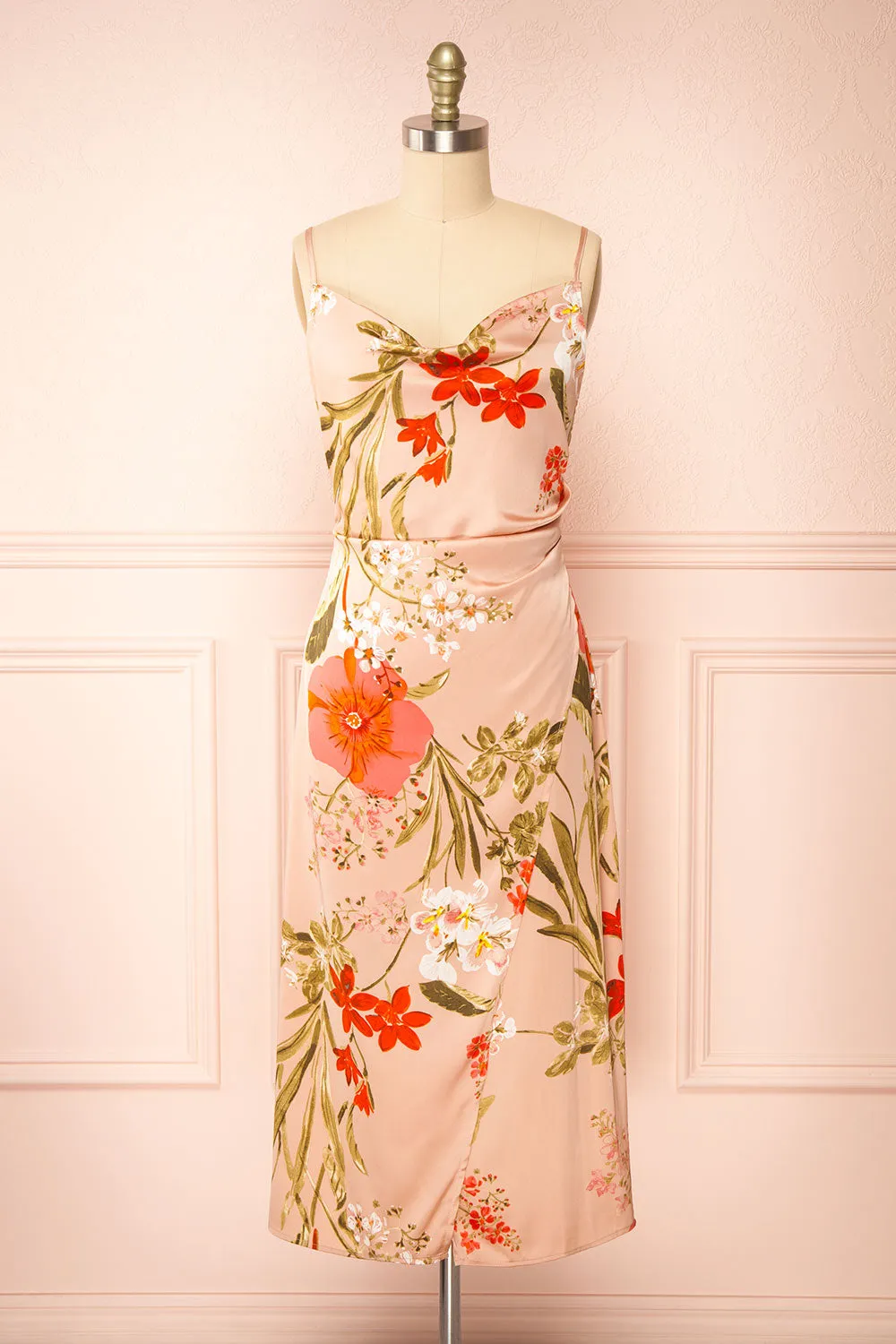 Annelise Pink | Cowl Neck Floral Midi Dress sold by Boutique 1861