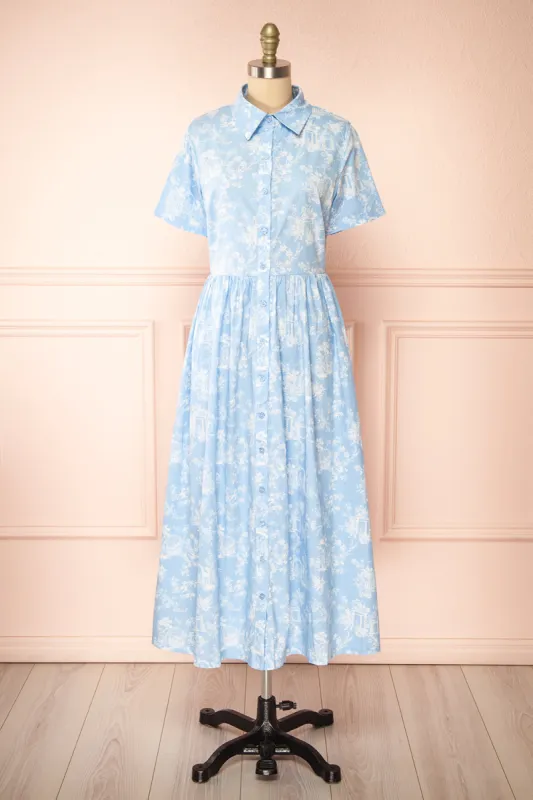 Victoire Blue | Buttoned Midi Shirt Dress w/ Floral Pattern sold by Boutique 1861