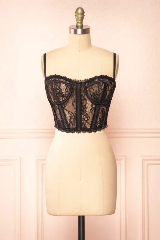 Isidore | Black Lace Bustier Crop Top sold by Boutique 1861