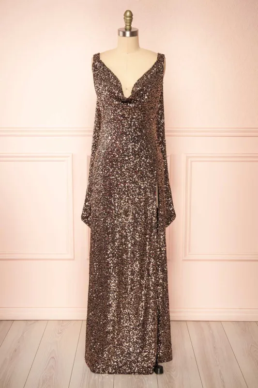 Janett | Black Maxi Dress w/ Rosegold Sequins & Slit sold by Boutique 1861