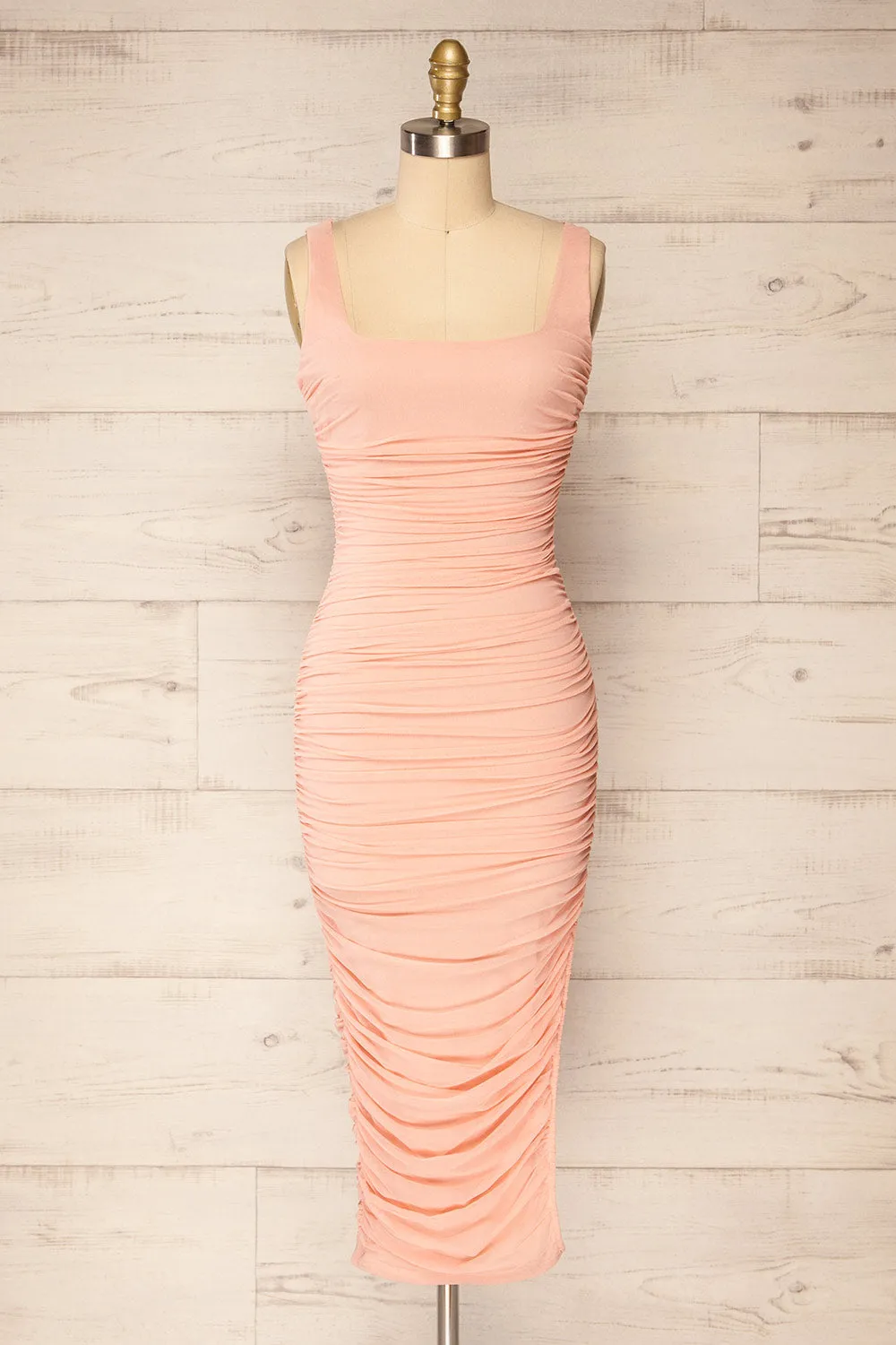 Fecho Pink | Fitted Ruched Midi Dress sold by Boutique 1861