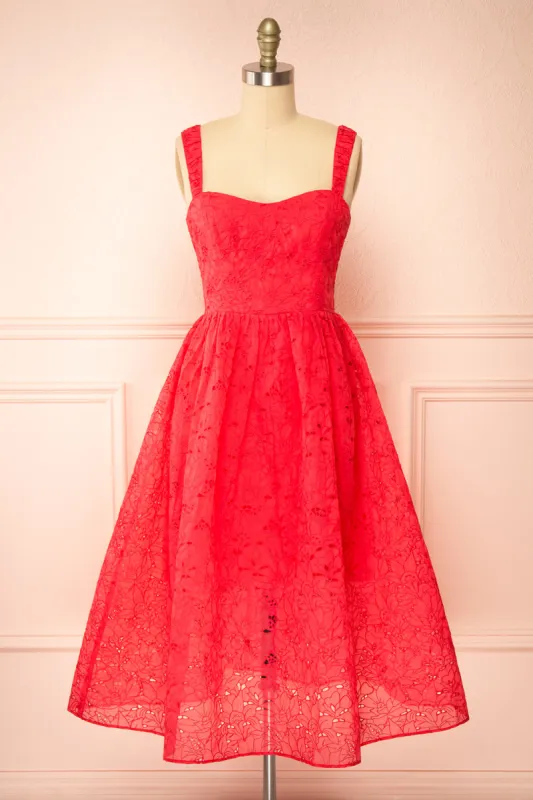 Maeva | Red Midi Dress w/ Floral Embroidery sold by Boutique 1861