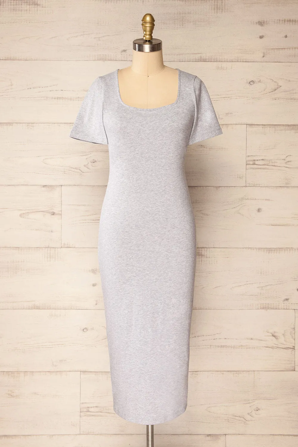Bogota Grey | Short Sleeve Midi Dress w/ Square Neckline sold by Boutique 1861