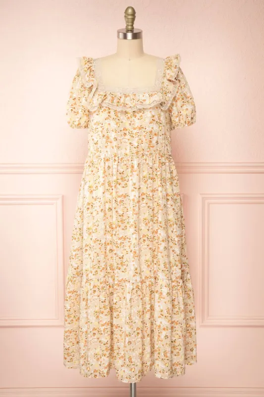 Oydis Taupe | Floral Midi Dress w/ Square Neckline sold by Boutique 1861