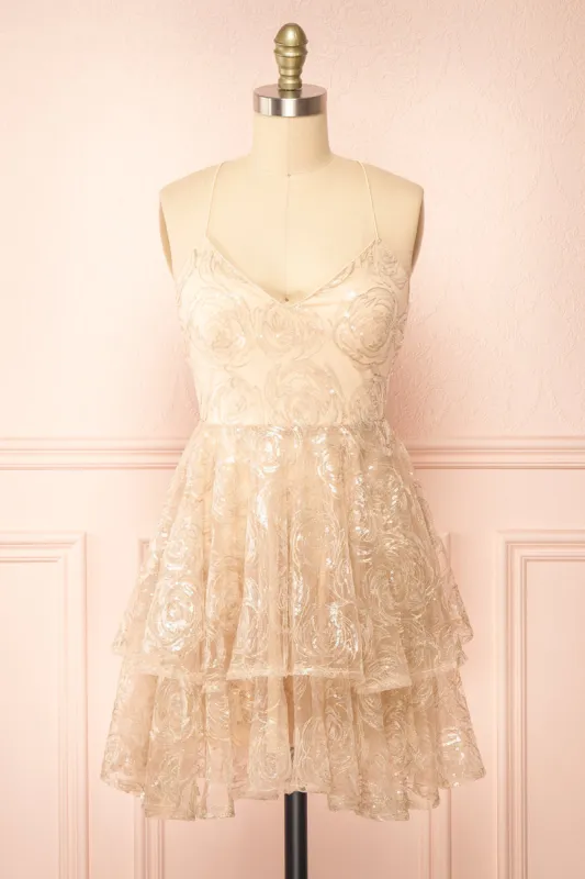 Chisa Beige | Short Floral Dress w/ Sequins sold by Boutique 1861