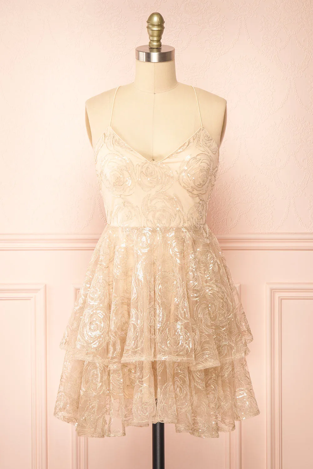 Chisa Beige | Short Floral Dress w/ Sequins sold by Boutique 1861