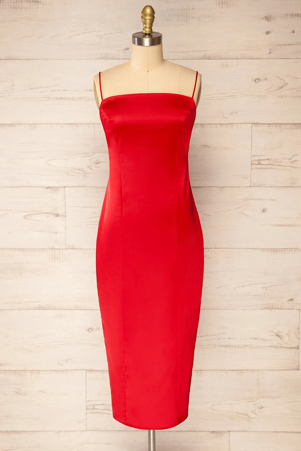 Korina Red | Fitted Satin Midi Dress sold by Boutique 1861