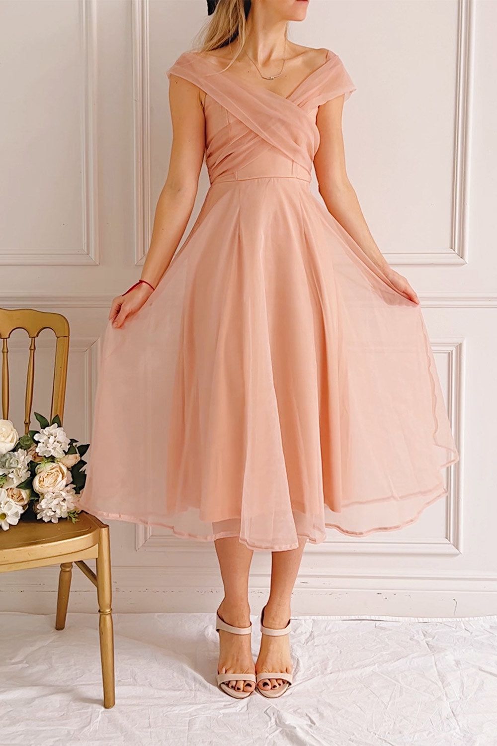 Holly Pink | Off-Shoulder Organza Midi Dress sold by Boutique 1861 product image thumbnail 2