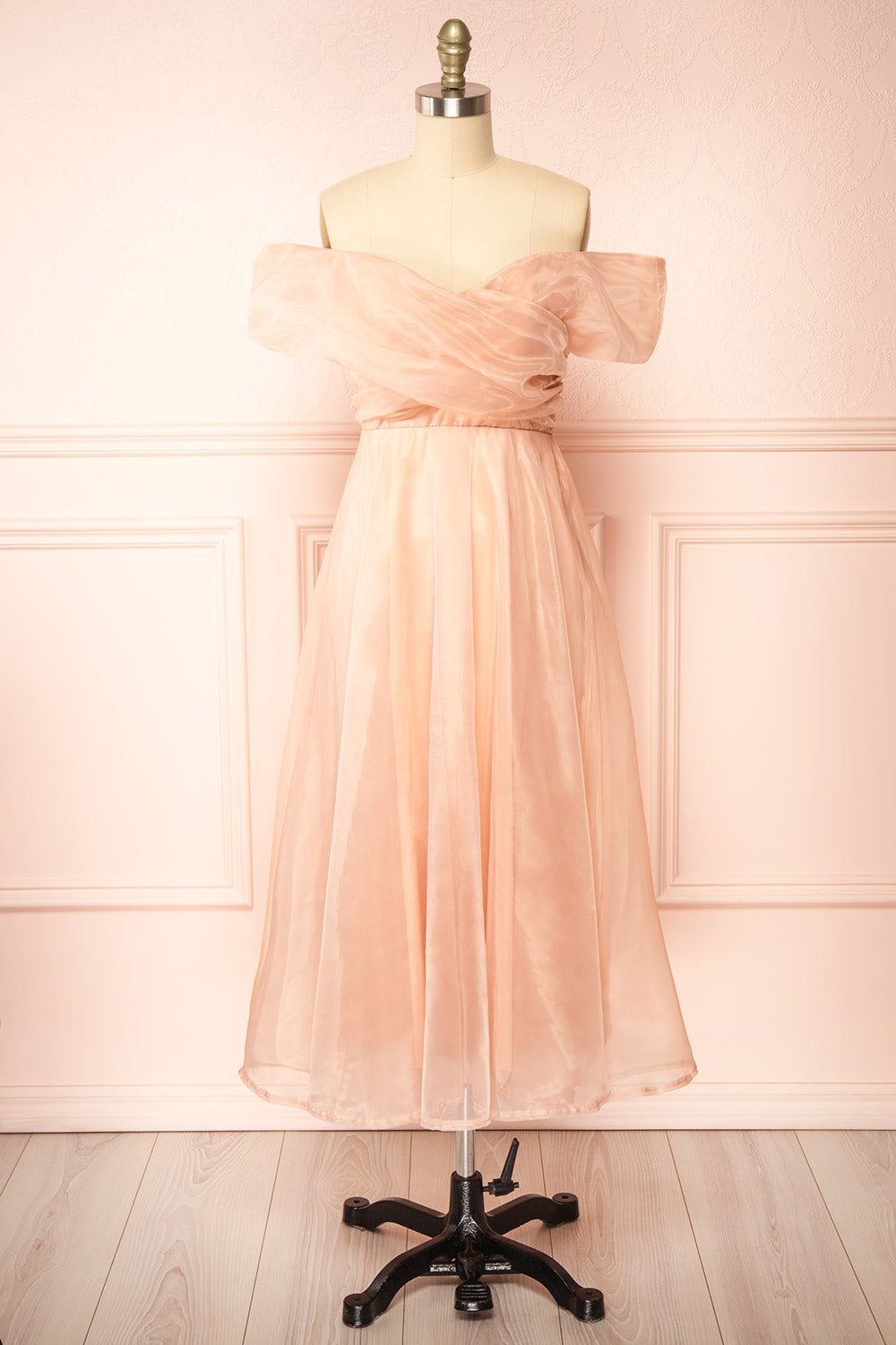 Holly Pink | Off-Shoulder Organza Midi Dress sold by Boutique 1861