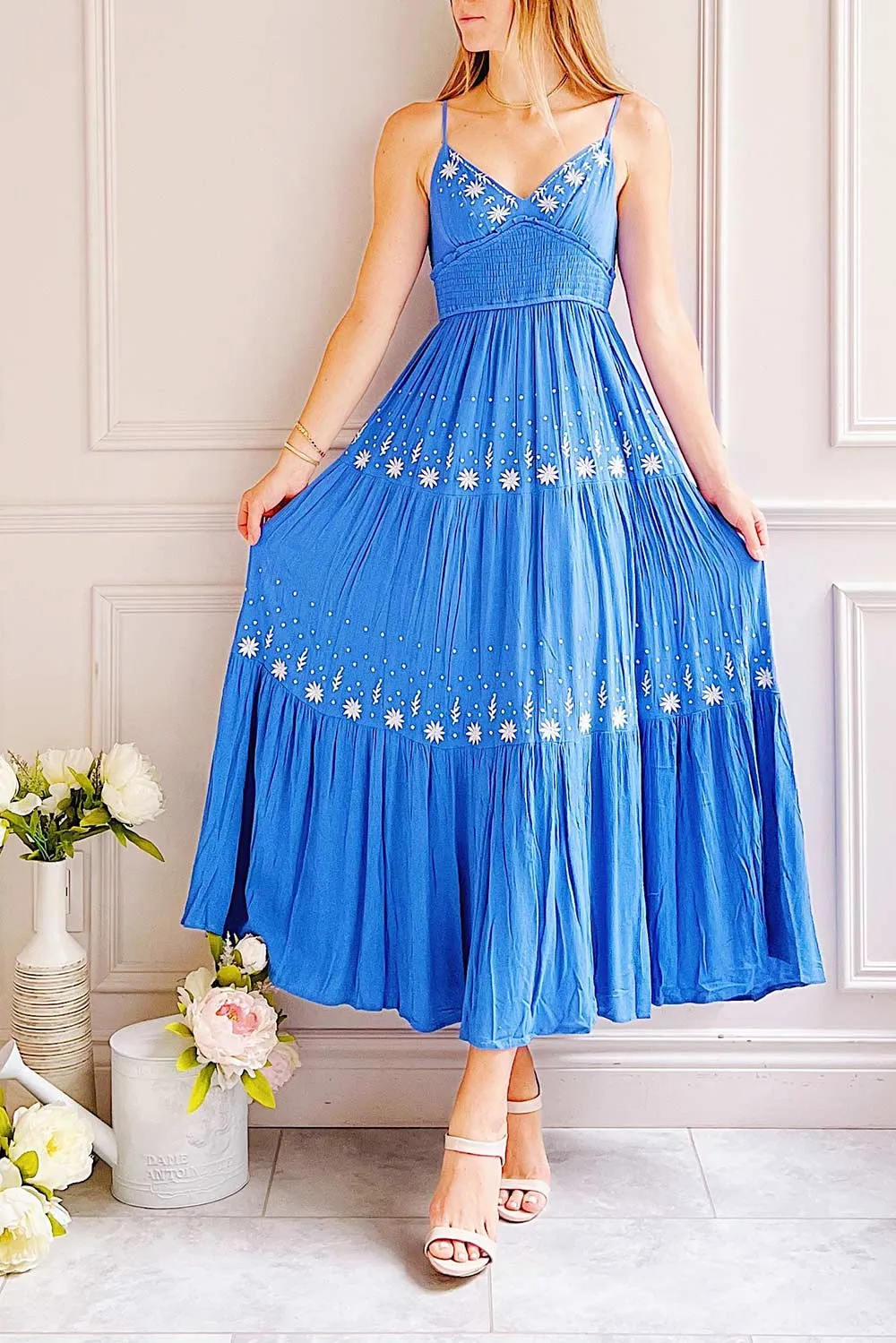 Santorine | Long Blue Dress w/ Floral Embroidery sold by Boutique 1861 product image thumbnail 2