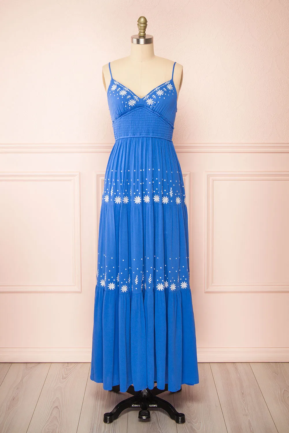 Santorine | Long Blue Dress w/ Floral Embroidery sold by Boutique 1861