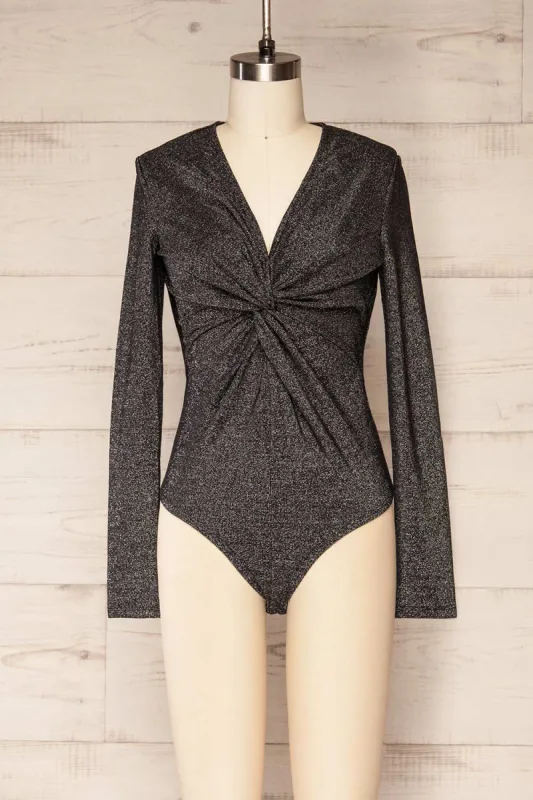 Eidemsvold | Twist Front Sparkly V-Neck Bodysuit sold by Boutique 1861