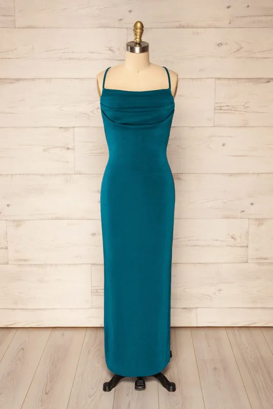 Ardoz Teal | Shimmery Midi Dress w/ Cowl Neck sold by Boutique 1861