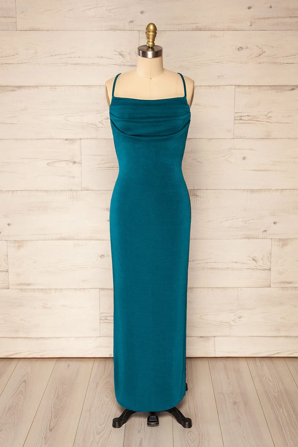 Ardoz Teal | Shimmery Midi Dress w/ Cowl Neck sold by Boutique 1861