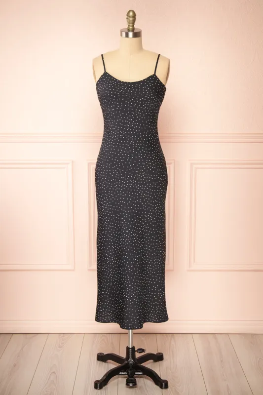 Rebby Polka Dot Black | Silky Fitted Midi Dress sold by Boutique 1861