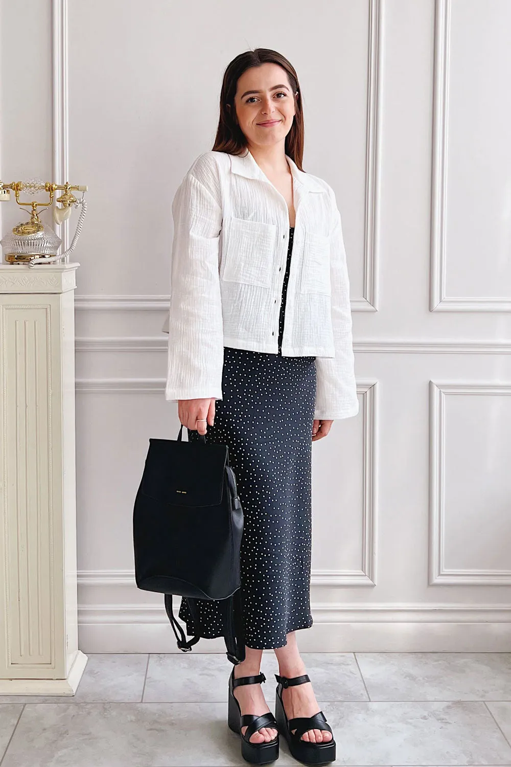 Rebby Polka Dot Black | Silky Fitted Midi Dress sold by Boutique 1861 product image thumbnail 2