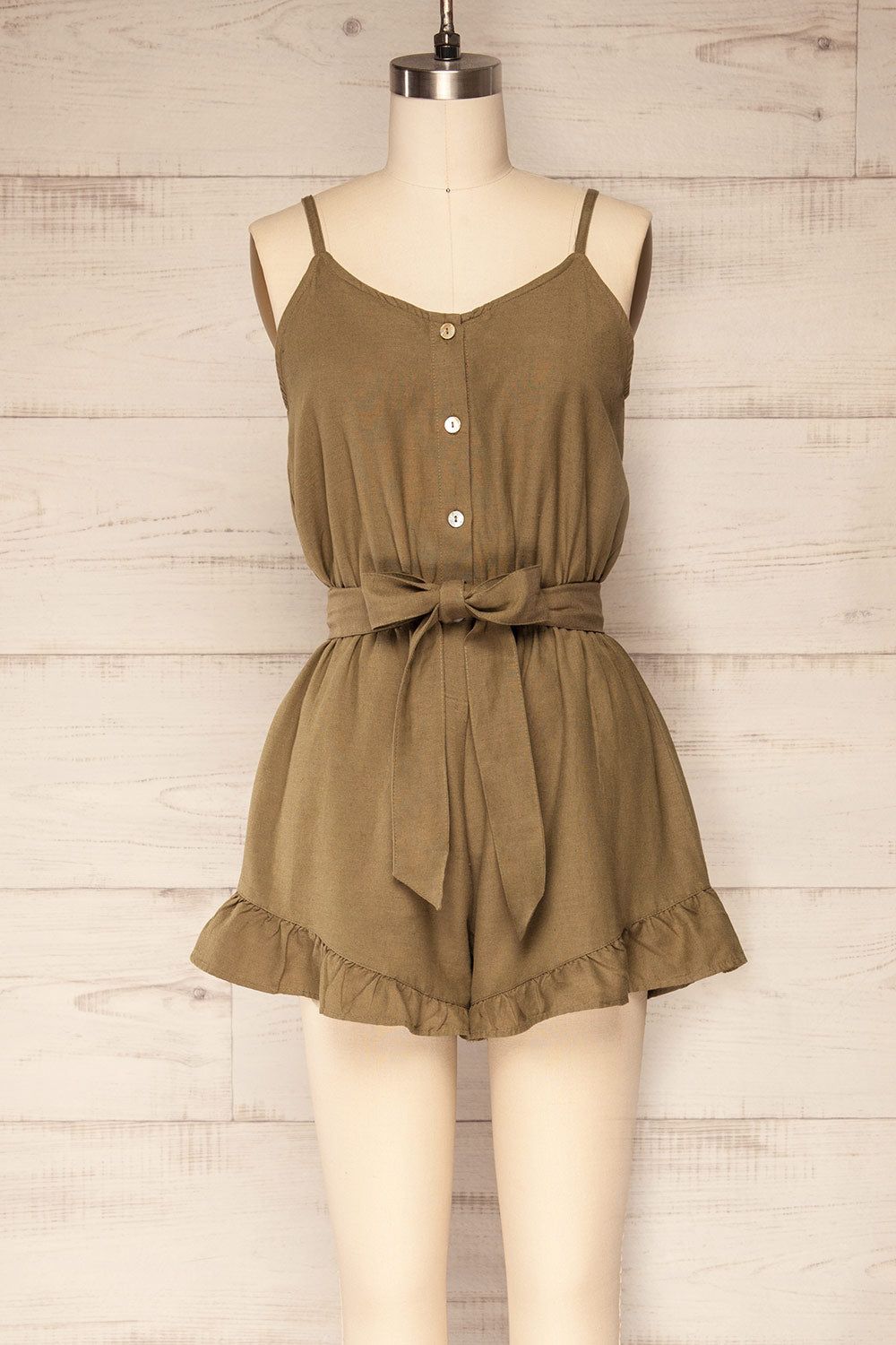 Palombe Khaki | V-Neck Romper with Ruffles sold by Boutique 1861