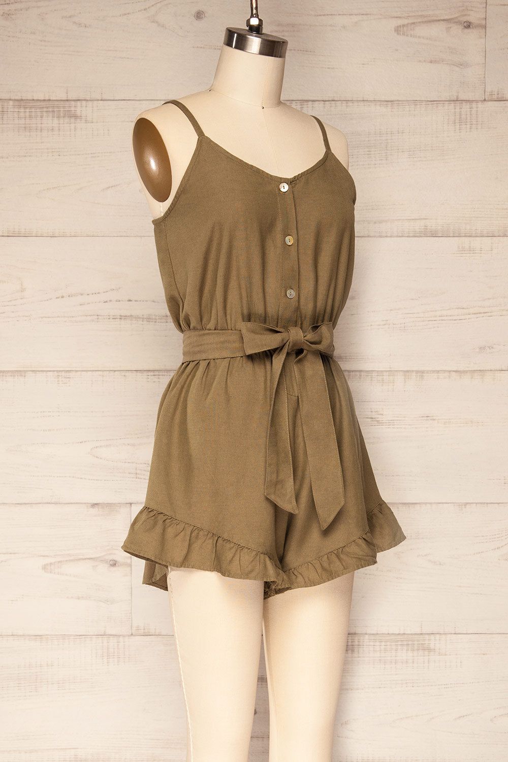 Palombe Khaki | V-Neck Romper with Ruffles sold by Boutique 1861 product image thumbnail 3