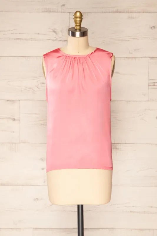 Riccia Pink | Sleeveless Pleated Neck Blouse sold by Boutique 1861