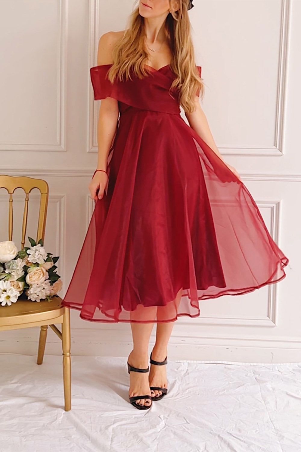 Holly Burgundy | Off-Shoulder Organza Midi Dress sold by Boutique 1861 product image thumbnail 2