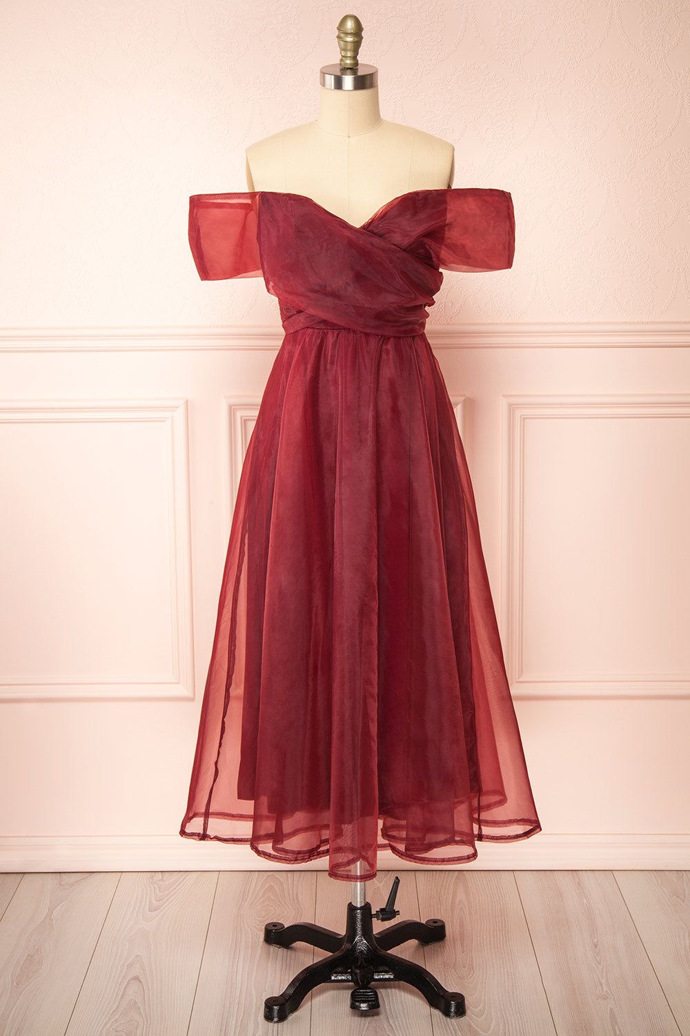 Holly Burgundy | Off-Shoulder Organza Midi Dress sold by Boutique 1861