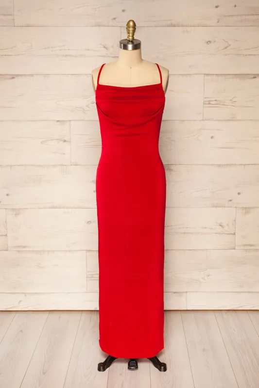 Ardoz Red | Shimmery Midi Dress w/ Cowl Neck sold by Boutique 1861