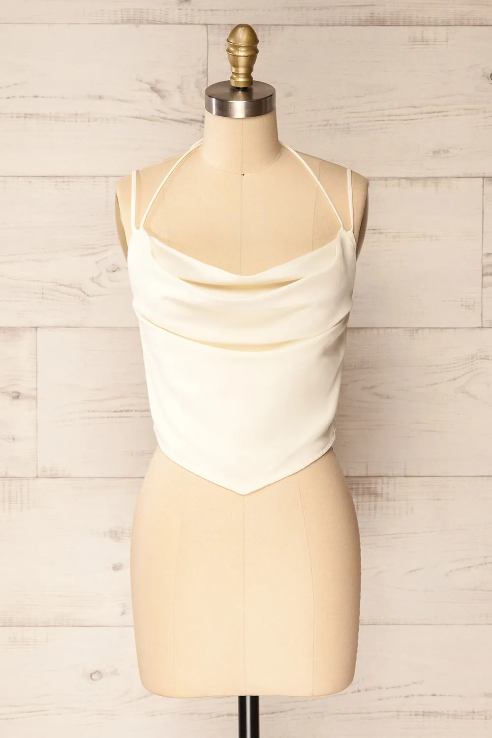 Beziers Ivory | Cowl Neck Cropped Satin Top sold by Boutique 1861
