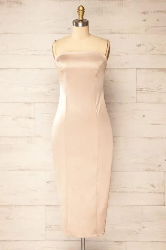 Korina Champagne | Fitted Satin Midi Dress sold by Boutique 1861