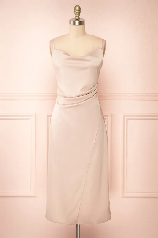 Chloe Champagne | Cowl Neck Satin Slip Dress sold by Boutique 1861