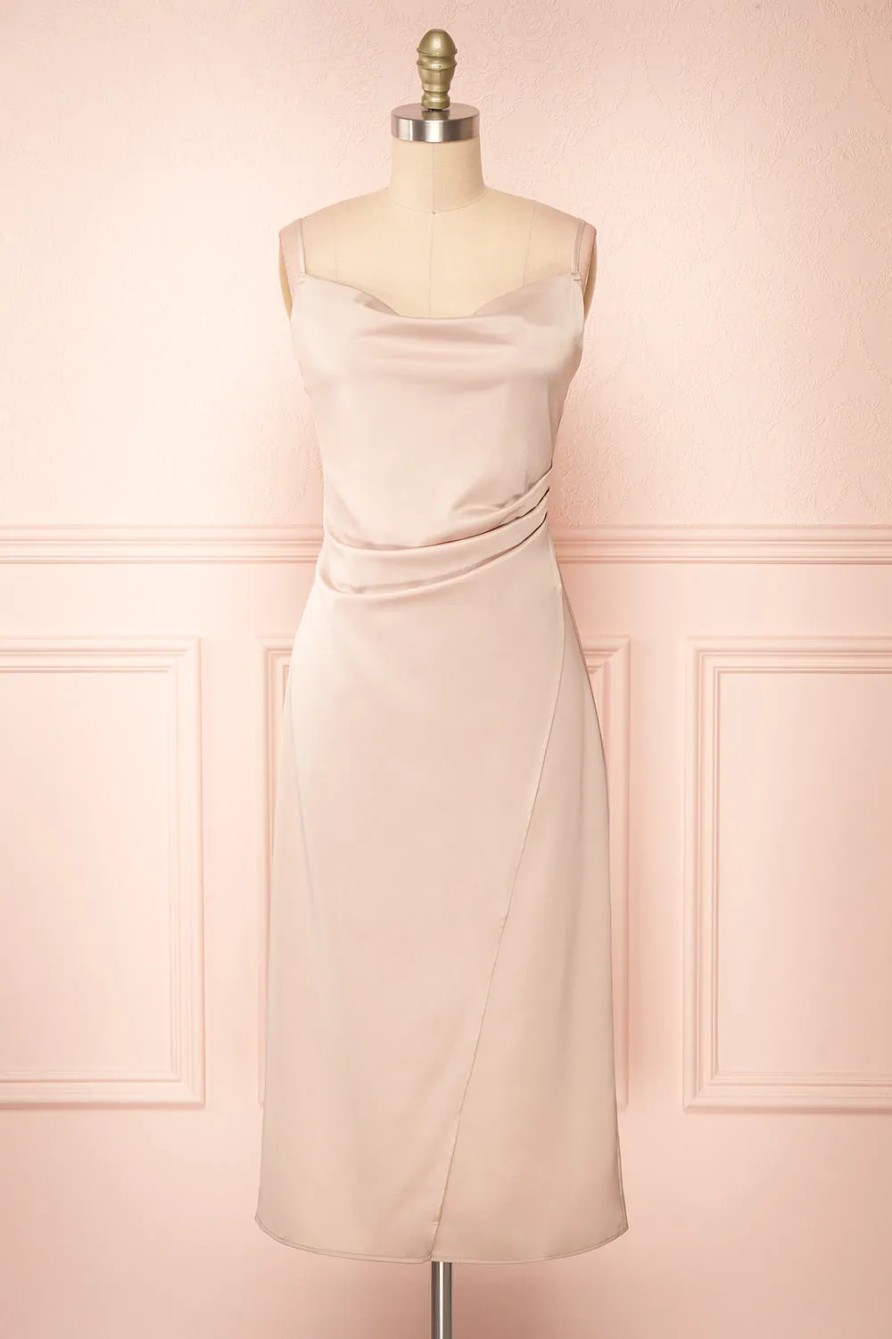 Chloe Champagne | Cowl Neck Satin Slip Dress sold by Boutique 1861