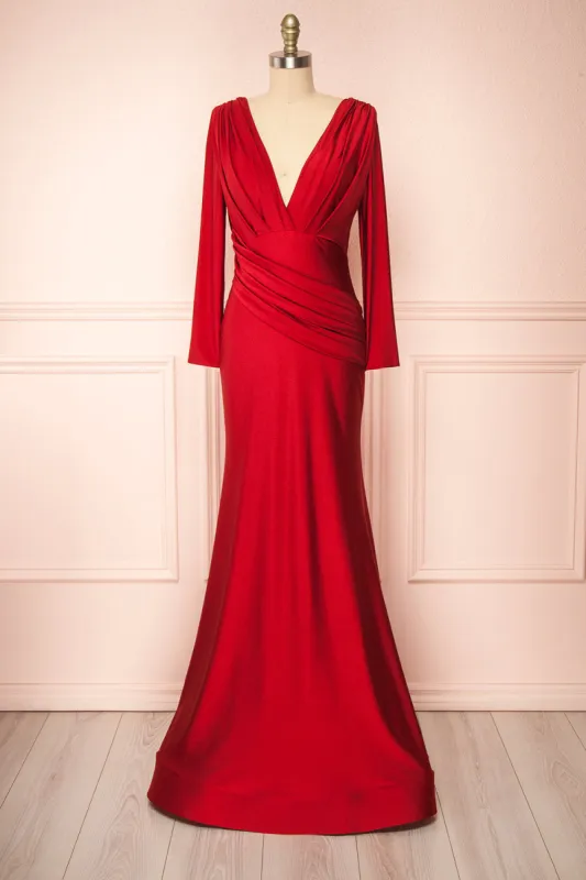 Lenai Burgundy | Draped Mermaid Gown with Long Sleeves sold by Boutique 1861