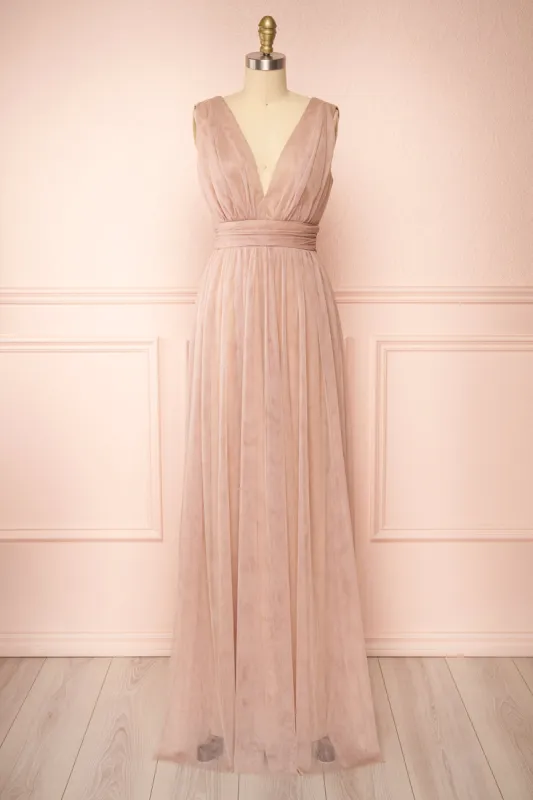 Samina Taupe | Tulle Maxi Dress with Plunging Neckline sold by Boutique 1861