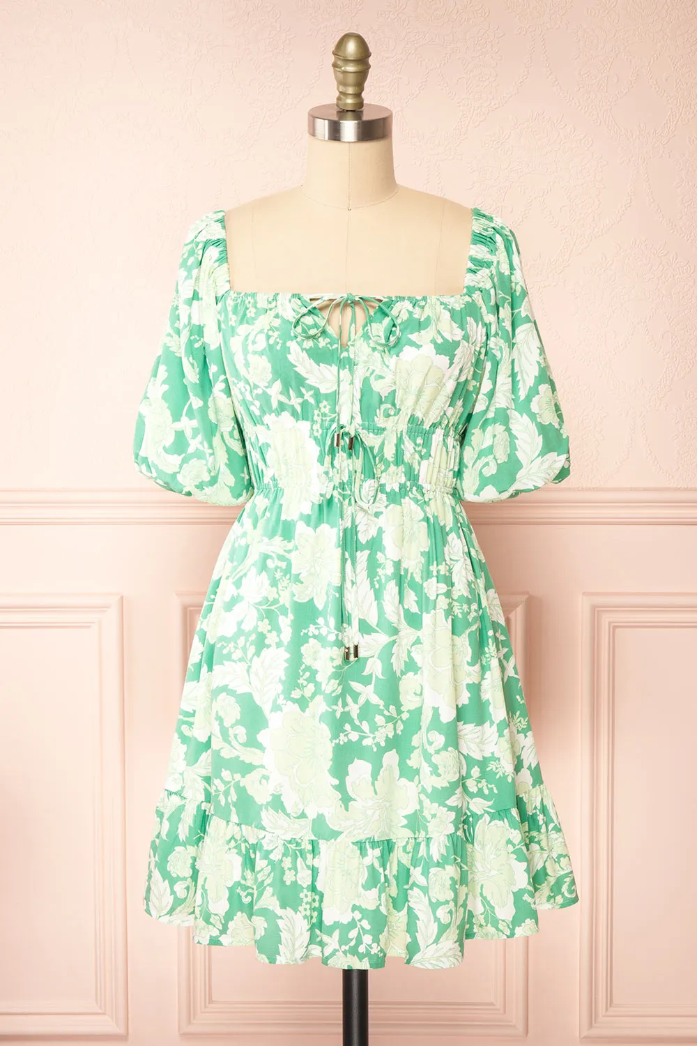 Esadora | Short Green Floral Dress w/ Bows sold by Boutique 1861
