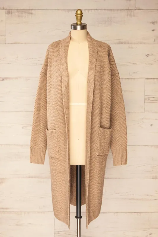 Kastamonu | Beige Herringbone Knit Long Cardigan sold by Boutique 1861