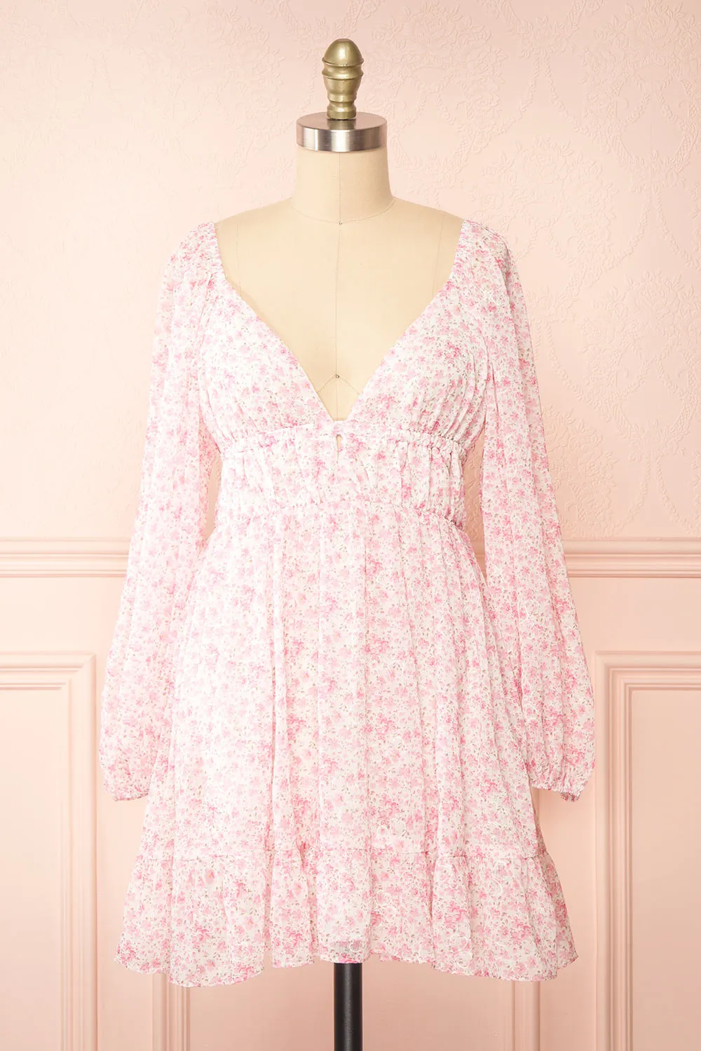 Elowen | Short Pink Floral Dress with Plunging Neckline sold by Boutique 1861
