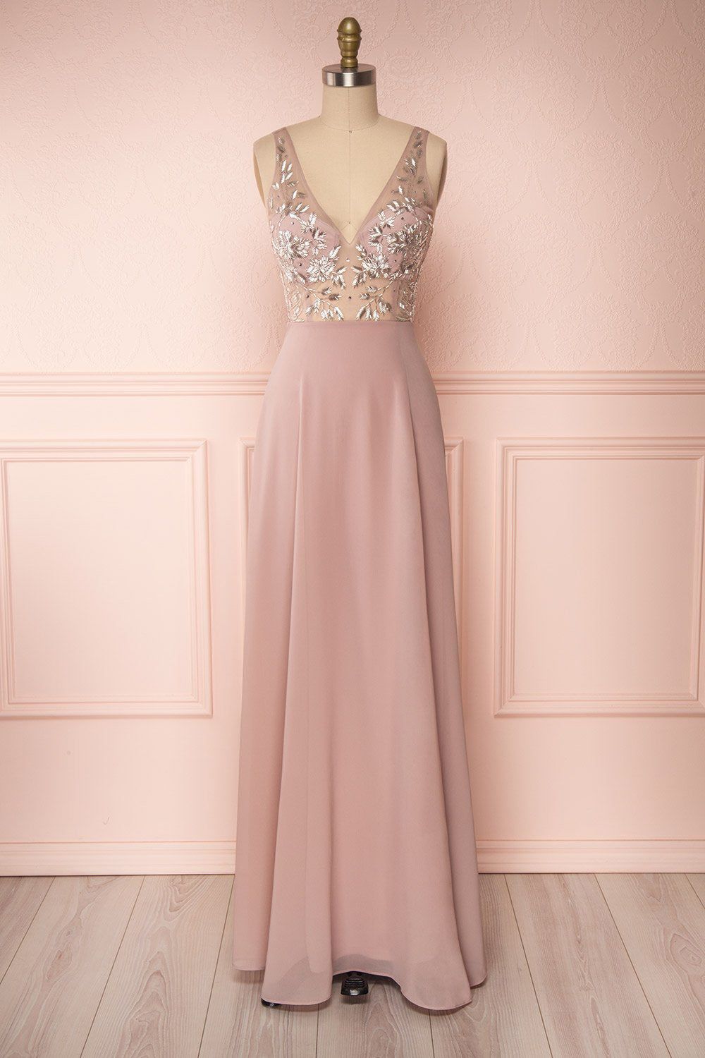 Esther Taupe | Maxi Prom Dress with Slit sold by Boutique 1861