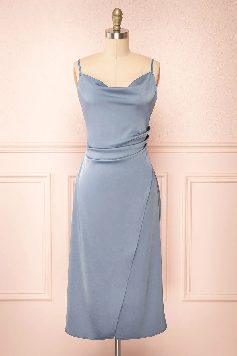 Chloe Blue Grey | Cowl Neck Satin Midi Slip Dress sold by Boutique 1861